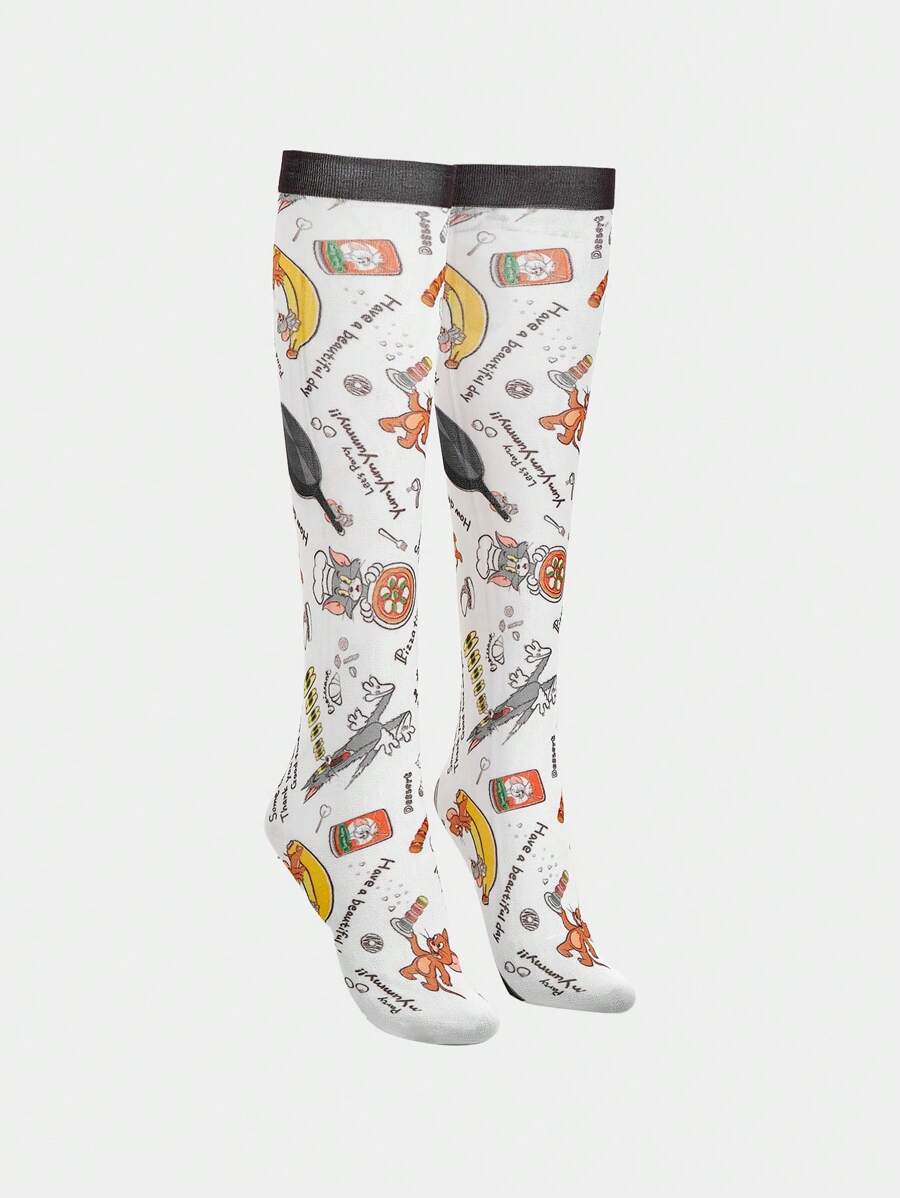 TOM & JERRY X SHEIN 可爱字母和卡通印花连裤袜 - 白色 - 查看 1