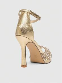 CUCCOO SZL Giày sandal thời trang mới gợi cảm cho nữ có quai đính đá Rhinestone, màu sâm panh, đế cao chống thấm nước thanh lịch, mũi nhọn, giày dự tiệc/đám cưới - Vàng - Xem 6