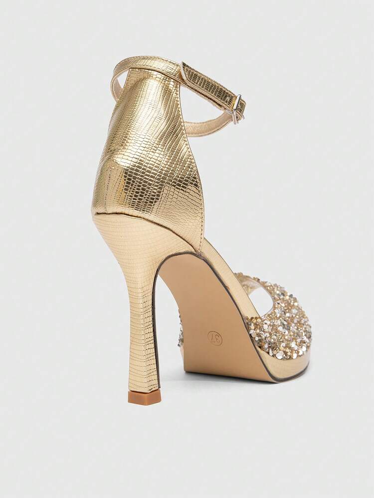 CUCCOO SZL Women's New Fashion Sexy Sandals With Rhinestone Embellished Strap, Champagne Color, Elegant Waterproof Platform High Heel Pointed-Toe Party/Wedding Dress Shoes For Christmas Spring Shoes Prom Heels