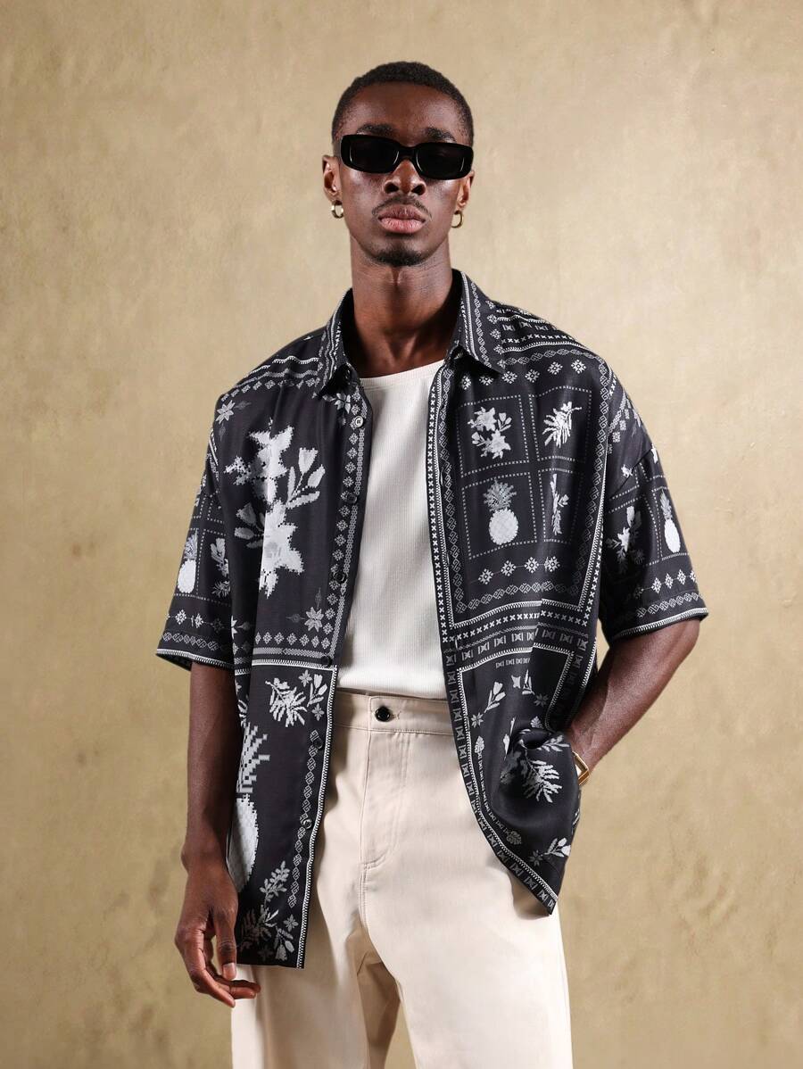 Resort Short Sleeve Button Down Floral Pineapple Hawaiian Bandana Pattern Shirt Vacation Beach Summer Holiday Cruise Island Luau - Black and White - View 1