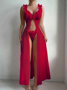 Seduluxe 2-Piece Set: Wedding Lace Contrast Mesh Floral Maxi Nightgown With G-String - Burgundy - View 5