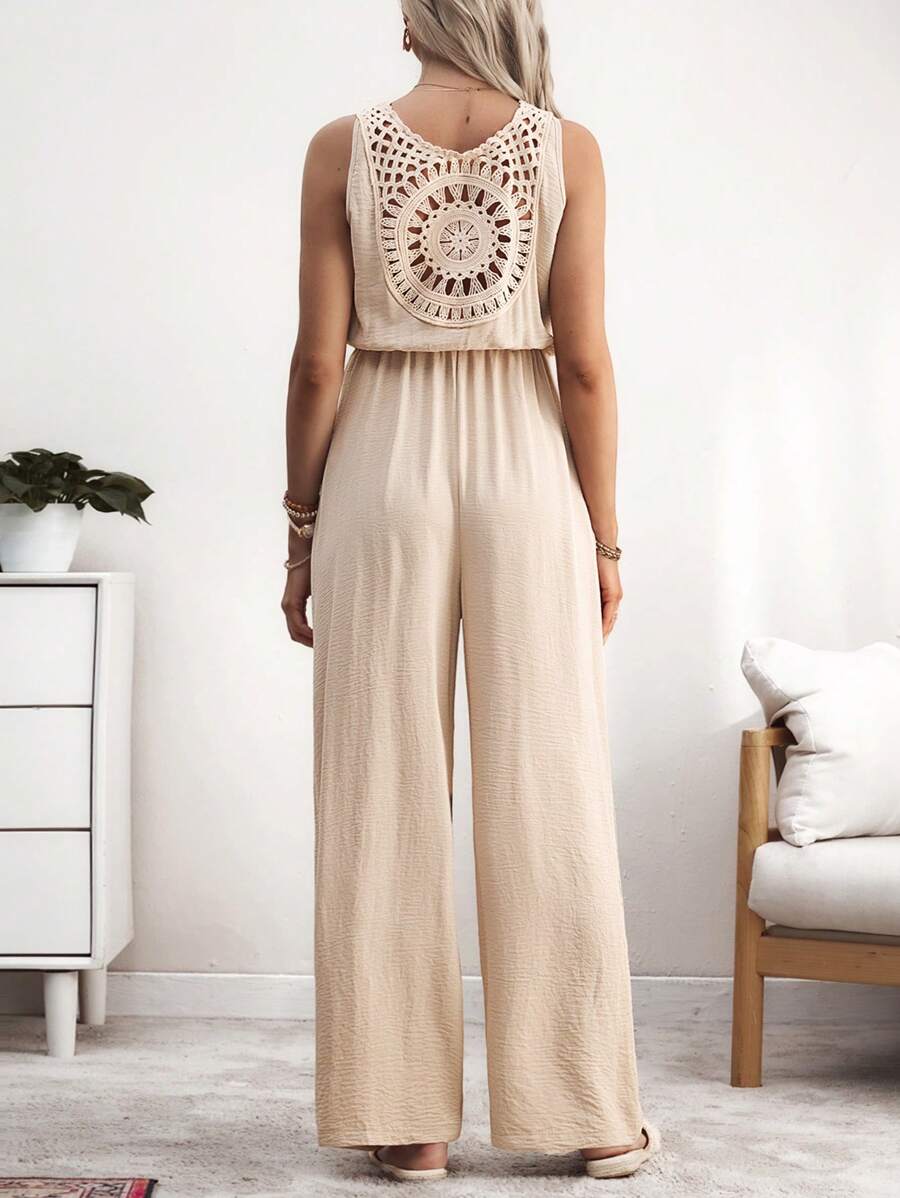 SHEIN Maternity Jumpsuit With Round Neck, Front Button, Drawstring Waistband, Dramatic Ruffle Back - Apricot - View 1