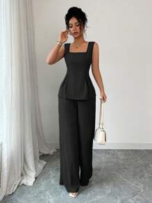 Elenzga 2025春夏新款2件套：方领吊带背心+阔腿裤，优雅休闲搭配套装 - 黑色 - 查看 3