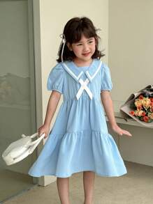SHEIN 少女韩版双色领泡泡袖连衣裙 - 藍白色 - 查看 4