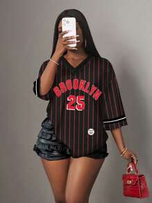 Slaydiva 休闲简约字母和数字设计女式 T 恤，适合夏季运动，红色条纹和布鲁克林印花 - 彩色 - 查看 5