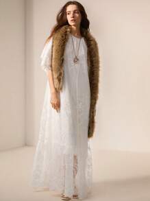 BELROSIE French Romantic Style Lace Round Neck Long Dress, Flared Skirt, Ruffle Layered, Loose Fit, Mid-Sleeve - White - View 6