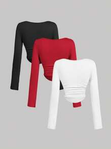 SHEIN MOD 3 件女式褶皱休闲方领长袖 T 恤套装，保暖服装，秋季女装，外出上衣，假日女装，新年，红色上衣 - 紅色 - 查看 2