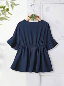 EMERY ROSE Camisa casual de verano de unicolor con cuello en V y bajo con volantes, para tallas grandes, verano