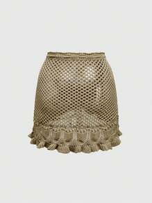 ROMWE Women's Summer Beach Casual Vacation Hollow-Out Knit Skirt - Khaki - View 2