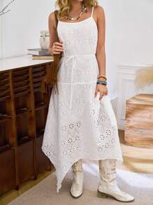 LanaWest Nuevo estilo Vestido con tirantes asimétrico, diseño estilizador, de vacaciones en la playa con bordado jacquard y calado, con lazo en la cintura - Blanco - Ver 3