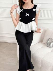 WESTFADE Young Set elegante da 2 pezzi per adolescenti e donne di taglia petite, composto da top con maniche a campana e fiocco, e pantaloni a gamba ampia, adatto per vacanze
