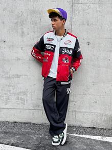 SHEIN Chaqueta informal de béisbol para adolescente con bloques de color, logotipo y estampado en inglés, manga larga con puño acanalado y tejido plano para abrigo, estilo urbano