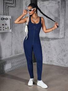 SHEIN ICON 女士休闲百搭无袖牛仔连身裤 - 深色水洗藍 - 查看 1