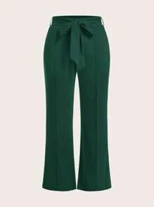 Ellevyn Pantalones de talla grande de un solo color con cinturón - Verde Oscuro - Ver 4