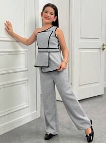 SHEIN 青少年女孩休闲简约舒适不对称领口无袖撞色边衬衫和裤子套装 - 杏色 - 查看 3