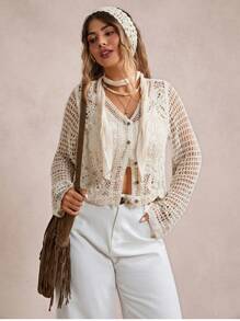 SHEIN VCAY Plus Size Crochet Floral Loose Thin Sheer Short Cover Up In Fall/Winter - Khaki - View 4