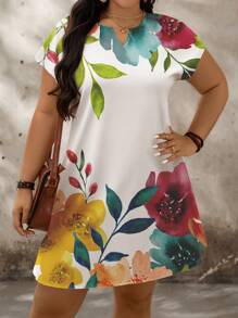 EMERY ROSE Vestido de verano de manga de murciélago con cuello en V con muesca y estampado floral para mujeres de tallas grandes, ropa de Navidad