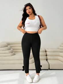 Solflare 大码女式黑色休闲修身裤，带蝴蝶结装饰和侧开衩 - 黑色 - 查看 7