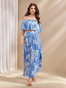 Chiquease 女士露肩花卉印花两件套，休闲假日 - 藍色 - 查看 4