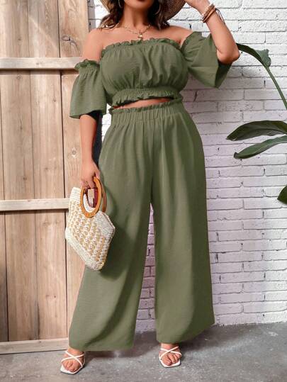 Breezaya 大码女式假日纯色露肩荷叶边上衣和裤子两件套