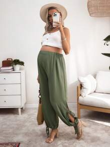 SHEIN 孕妇侧开衩休闲舒适哈伦裤 - 軍綠色 - 查看 2