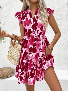 Breezaya Damen Sommer Urlaubs Kleid mit Blume Muster, Kerbenausschnitt, Rüschen an den Ärmeln und kurzer Babydoll-Silhouette