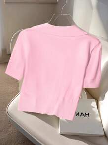 Franclia New Korean Style Casual & Commute Versatile Women's Polo Collar Knit Top, Summer - Pink - View 2
