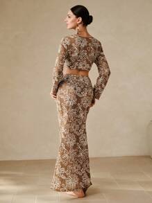 Swim Chiccia Women's Summer Vacation Elegant Floral Jacquard Cover Up And Midi Skirt Set - Multicolor - View 2