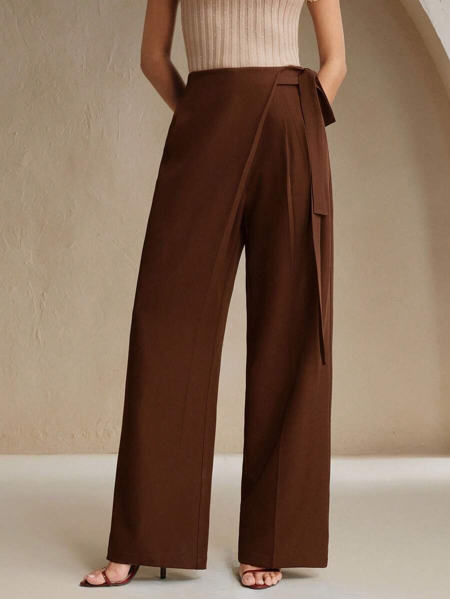 Anewsta 女士优雅休闲通勤纯色阔腿裤 - 摩卡棕 - 查看 1