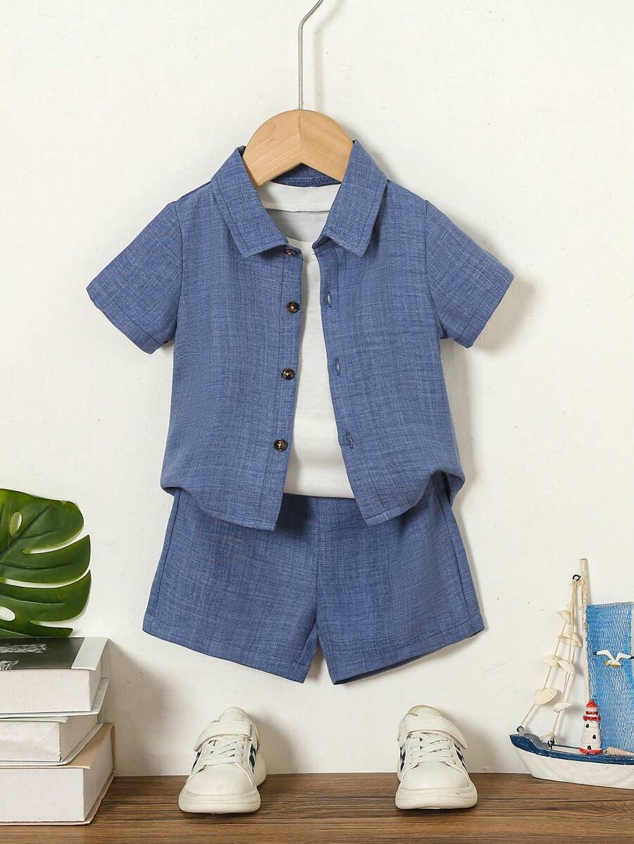 2 件套幼儿男童休闲夏装 - Polo 领短袖衬衫和松紧腰短裤套装,棕色图案纽扣点缀,简约绅士风格,舒适面料,适合 6 个月至 3 岁男童,最适合日常穿着和户外 - 彩色 - 查看 1