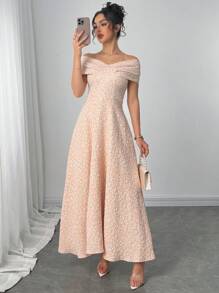 Modelyn Women's Floral Jacquard Off Shoulder Long Fitted Elegant Dress