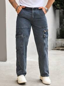 Manfinity Homme Men's Cargo Pockets Straight Relaxed Fit Casual Versatile Jeans - Grey - View 4