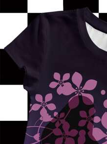 Shutterstock Y2Kool Purple, Silhouette, Floral, Millennium Retro, Y2K, Women's Fitted, Round Neck, Short Sleeve T-Shirt, Suitable For Summer, Vacation, Party, Music Festival Club Going-Out Back To School 2000s Style