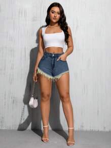 TrendSteals 女式夏季休闲街头时尚毛边超短牛仔短裤 - 深色水洗藍 - 查看 5
