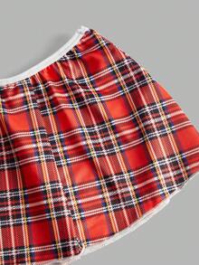 Fantasy Costume Fantasy Costume 女士美式学院风格子上衣、裙子、丁字裤、领结内衣套装 - 紅色 - 查看 3