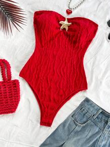 Soleia 女士沙滩装海星装饰抹胸连体衣，合身廓形，适合度假、海滩约会、下午茶、度假、音乐节、波西米亚风分层穿着 - 紅色 - 查看 4