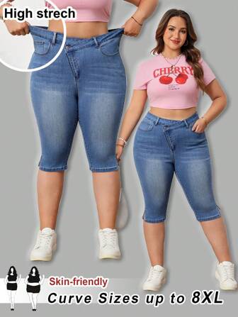 SHEIN CURVE+ 大码女式不对称口袋松紧腰紧身七分牛仔裤