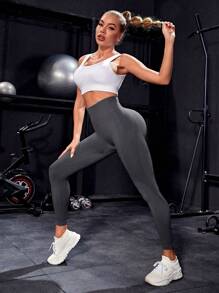SHEIN Sports 纯色高腰无缝紧身瑜伽裤女士 - 深灰色 - 查看 7