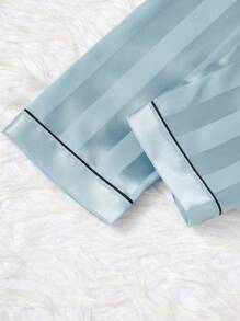 3 pièces Set de cardigan à manches courtes rayé pastèque, short et pantalon casual, tenue de détente pour filles - Bleu azur - Voir 8