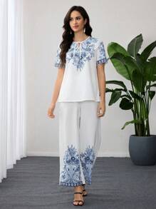 Lacomfia Conjunto de 2 piezas verano 2025: Top suelto con cuello en V y estampado vintage & Pantalones de pierna ancha, versátil y elegante - Azul - Ver 4
