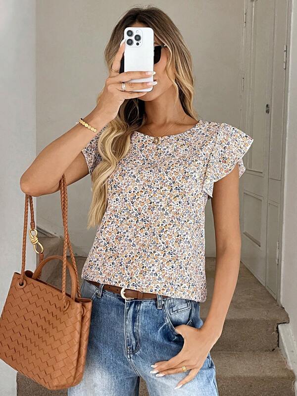 Easowa Blusa Mini Con Dobladillo Con Volantes Y Estampado Floral