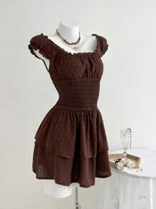 Elamini Women's Casual Fall Dress With Sash Waist, Plush Fabric - Brown - View 3