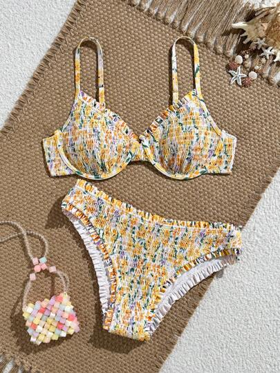 Swim Mod 2 Pieces Ditsy Floral Gathered Underwire Bikini Swimsuit For Women For Summer Beach Vacation