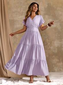 Roveilla Plus Size Women V-Neck Ruffle Trim Waisted Dress, Romantic, Elegant, High Quality, Long Length - Purple - View 4