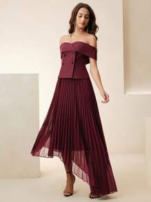 Anewsta Off-Shoulder Kleid mit geraffter Taille, französischer Stil mit Falten - Bordeaux - Übersicht 3