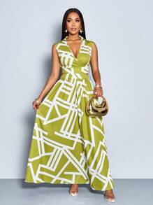 SOLERSUN 女士优雅时尚全身印花 V 领腰部镂空设计无袖长裙（随机花卉图案）