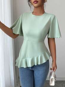 Elenzga Blusa/camisa de mujer de verano de seda de color verde claro, con elegante diseño de volantes asimétricos y cintura fruncida - Verde - Ver 1