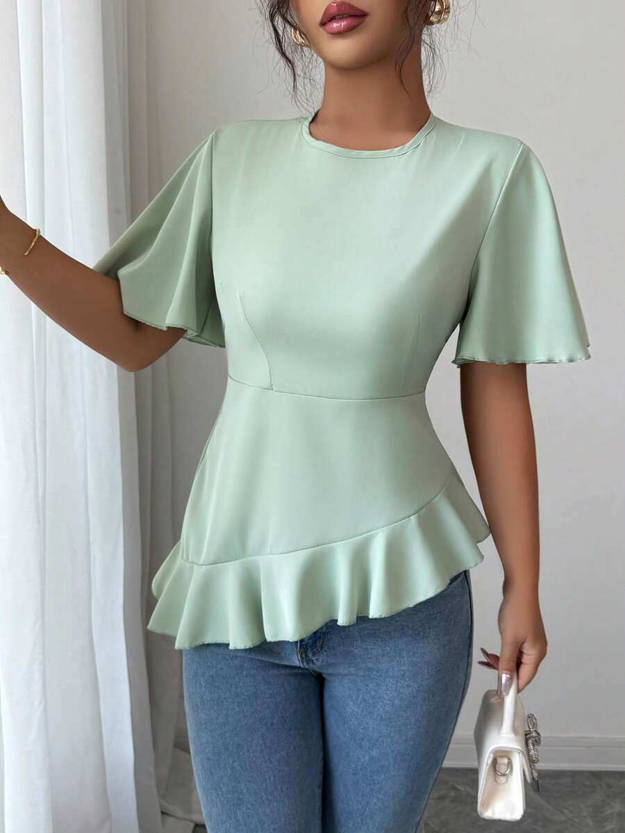 Elenzga Blusa/camisa de mujer de verano de seda de color verde claro, con elegante diseño de volantes asimétricos y cintura fruncida - Verde - Ver 1
