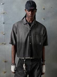 NEON BLANC 男士街头时尚黑色梭织竖条纹渐变牛仔短袖衬衫，学校风 - 淺灰色 - 查看 2