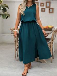 Linhara 加大码 LUNE 无袖圆领纯色休闲通勤长裙，收腰，前开衩，适合女性 - 藍色 - 查看 3